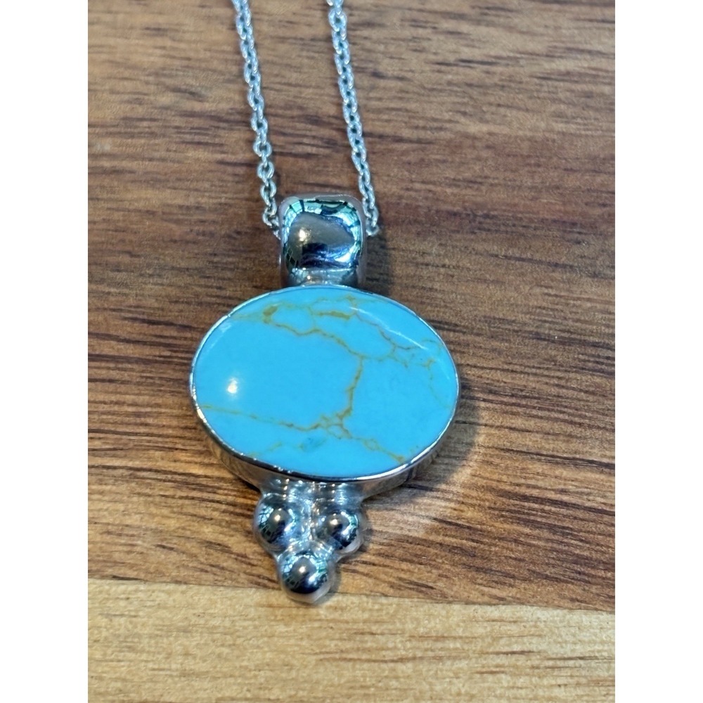 Sterling Silver Turquoise Oval Pendant Necklace Size 18" Length